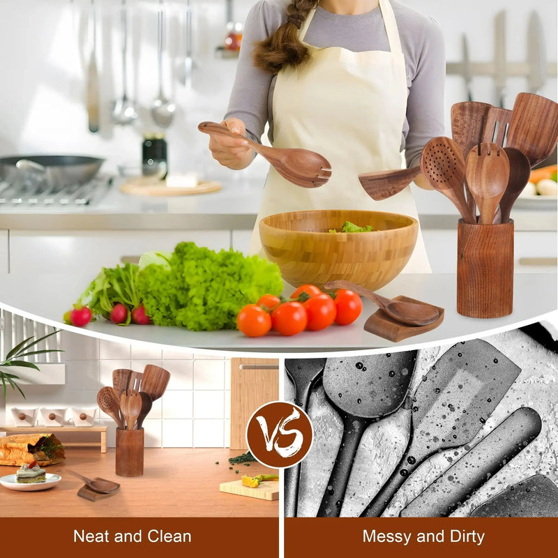9 Piece Wooden Spoons for Cooking, Kitchen Utensils Sets Spatula, Wood Color - Puck's