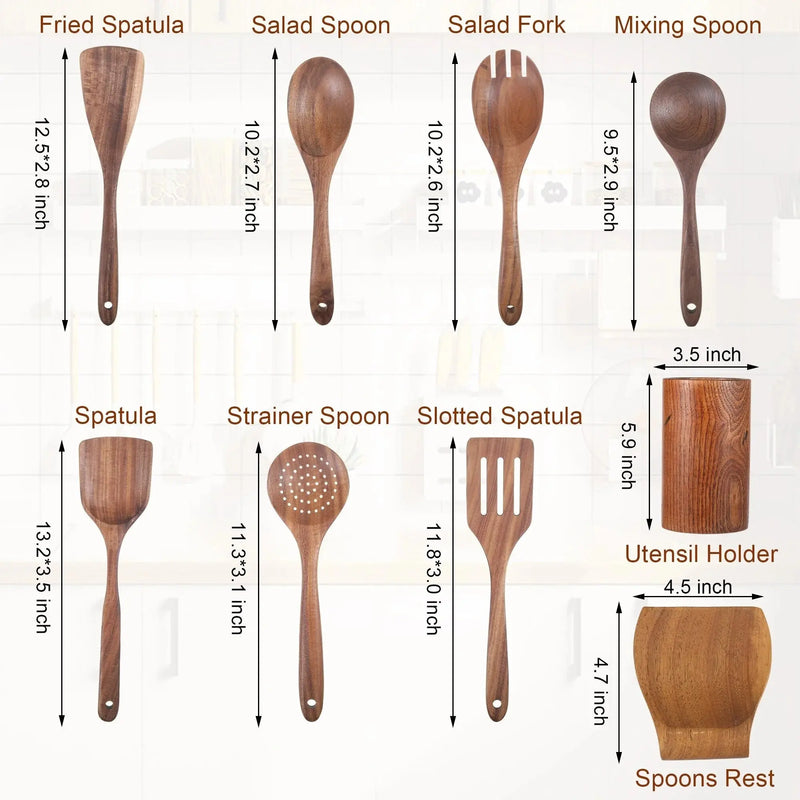 9 Piece Wooden Spoons for Cooking, Kitchen Utensils Sets Spatula, Wood Color - Puck's