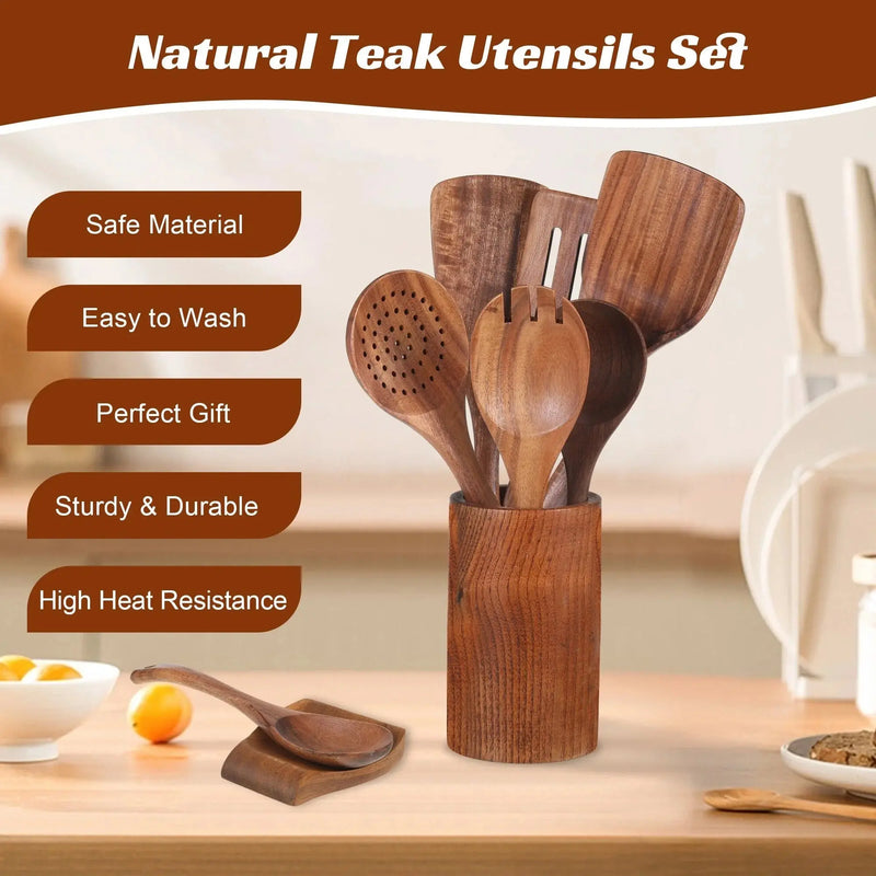 9 Piece Wooden Spoons for Cooking, Kitchen Utensils Sets Spatula, Wood Color - Puck's