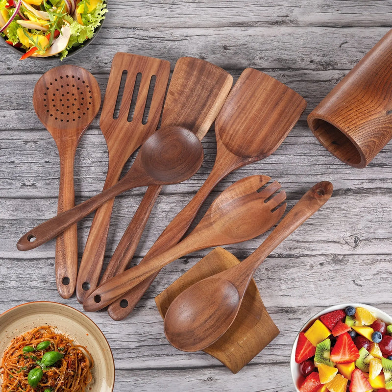 9 Piece Wooden Spoons for Cooking, Kitchen Utensils Sets Spatula, Wood Color - Puck's