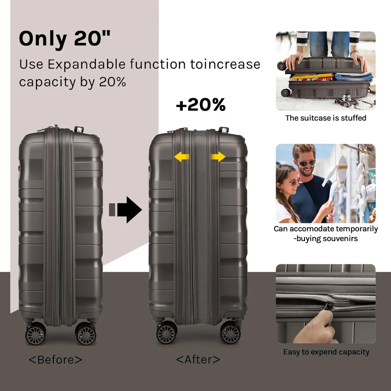 5 Piece Luggage Set PP Hardside Spinner Luggage - (Expandable Carry-On Suitcase20")( 24" 28")-Brown - Puck's