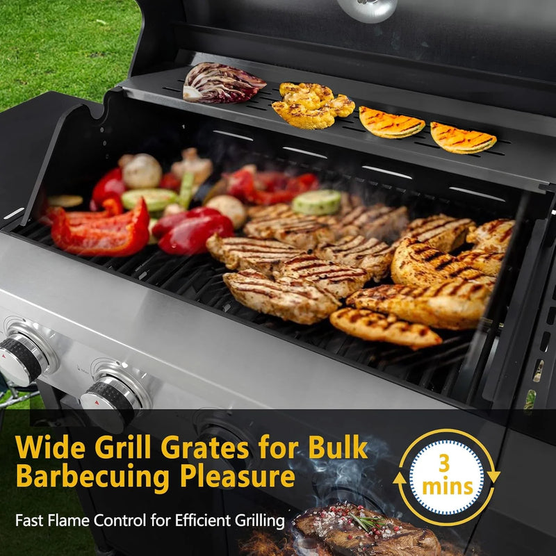 4-Burner Propane Gas Grill with Side Burner, 46700 BTU Porcelain-Enameled Cast Iron Grates Outdoor Cooking Stainless Steel BBQ Grills Cabinet, Black