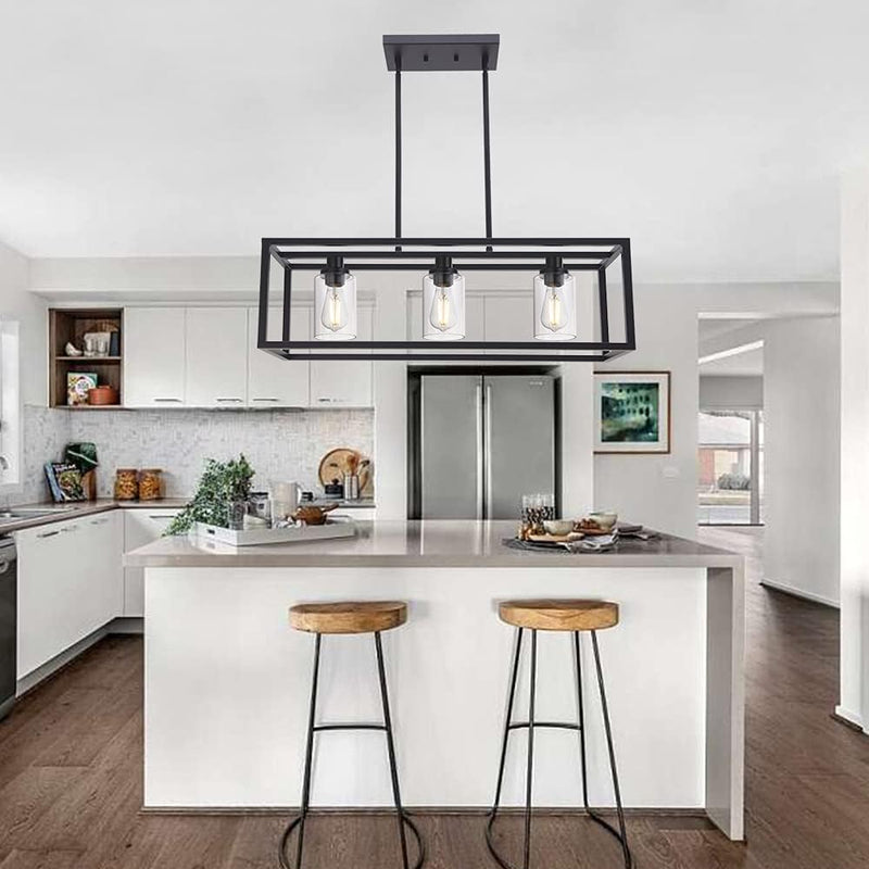 Kitchen Island Lighting 3 Lights Farmhouse Chandelier, Black Pendant Lighting with Clear Glass Shade, Dining Room Lighting Fixtures Hanging Rectangle Chandelier Lighting - Puck's