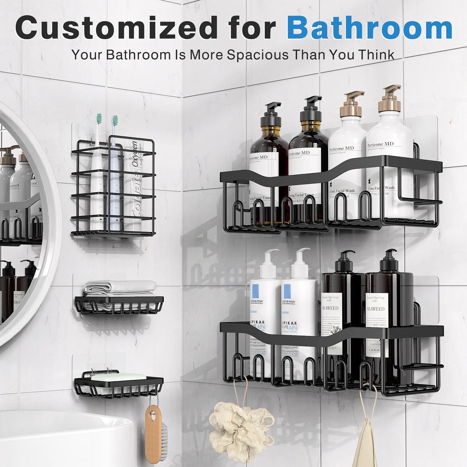 Shower Caddy, Shower Shelves 5 Pack, Adhesive Shower Organizer for Bathroom & Kitchen, No Drilling, Large Capacity, Rustproof SUS304 Stainless Steel Bathroom Organizer, Bathroom Accessories, Black - Puck's