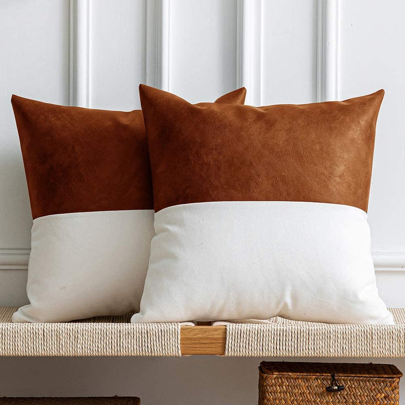 Leather Throw Pillow Covers, Set of 2 Modern Leather/Cotton Decorative Pillowcases for Home Decor Bedroom Living Room Couch Bed Sofa, 18X18 Inch, Cognac-Brown and White - Puck's