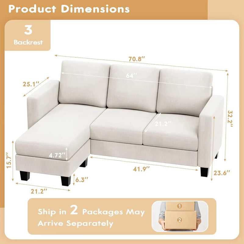 Convertible Sectional Sofa Couch, 3 Seat L-Shaped Sofa with Linen Fabric, Movable Ottoman Small Couch for Small Apartments - Puck's