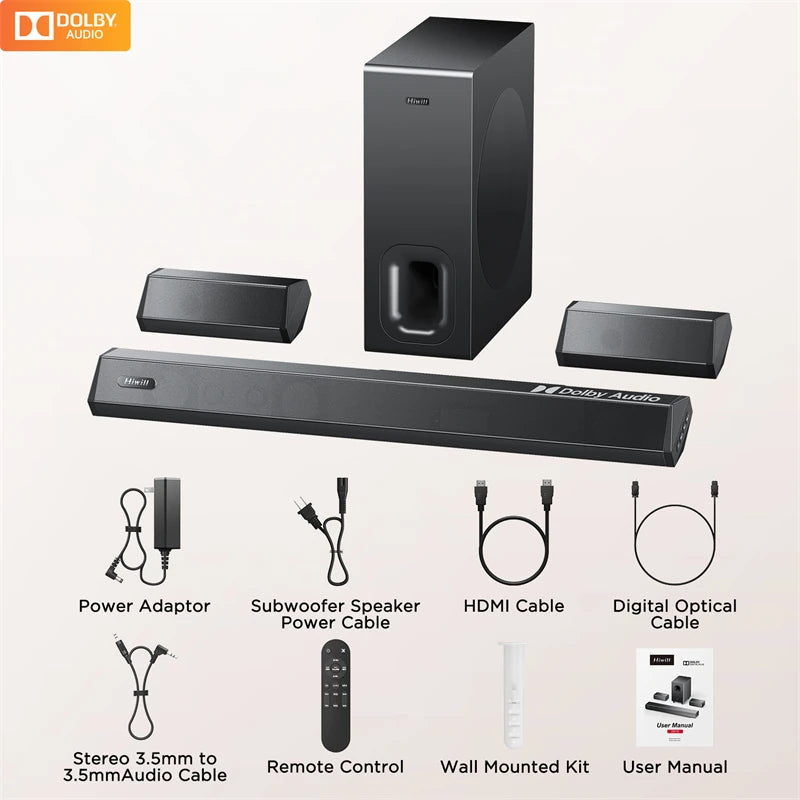 Hiwill D51W Dolby 5.1CH Soundbar Theater Sound Bar Surround Sound System 6 Drivers 3D Surround Sound Powerful Bass 3EQ Modes Wired Soundbar with 6.5'' Wireless Subwoofer - Puck's