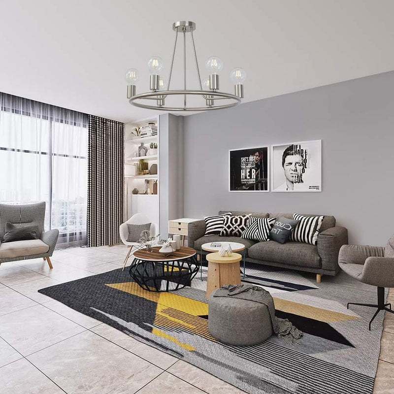round Farmhouse Chandelier Lighting 6-Light Modern Indoor Ceiling Lights Brushed Nickel Mid Century Flush Mount Light Fixtures Ceiling Kitchen Island Dining Room Lighting UL Listed - Puck's