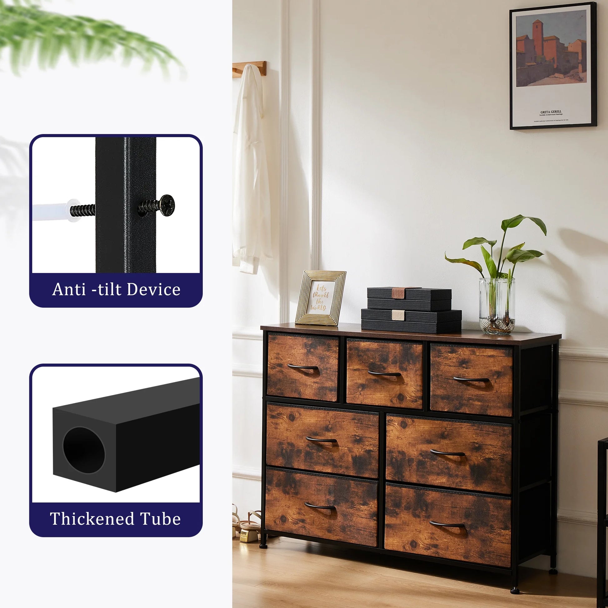 7 Drawer Dresser, Wide Chest of Drawers Nightstand Storage Tower Storage Dresser Fabric Dresser for Living Room, Bedroom, Hallway, Rustic Brown - Puck's