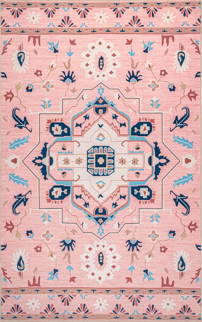 Roxanna Machine Washable Boho Floral Ultra Thin Area Rug, 5' X 8', Pink - Puck's
