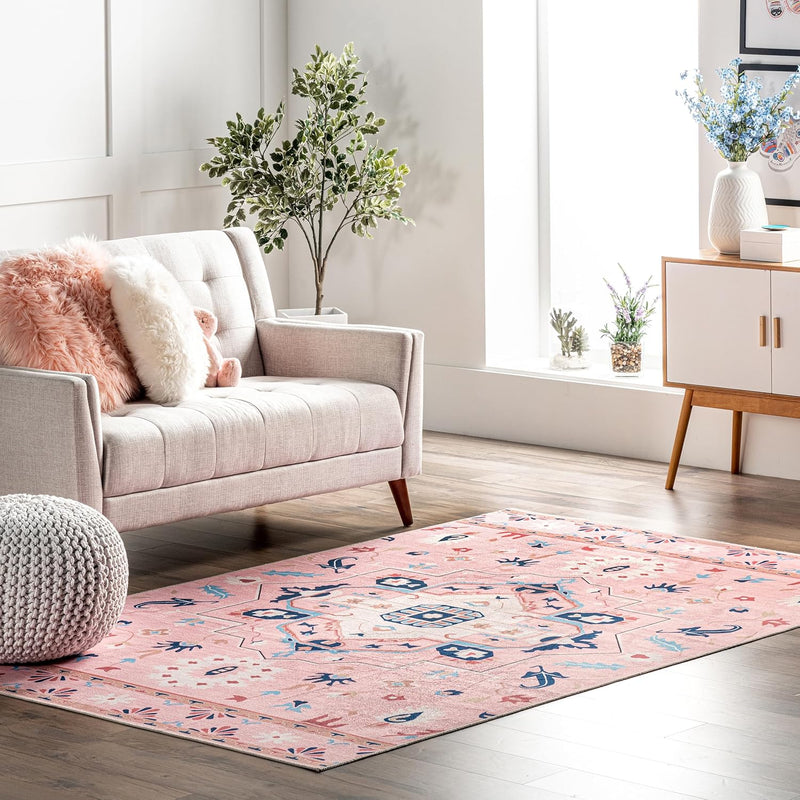 Roxanna Machine Washable Boho Floral Ultra Thin Area Rug, 5' X 8', Pink - Puck's