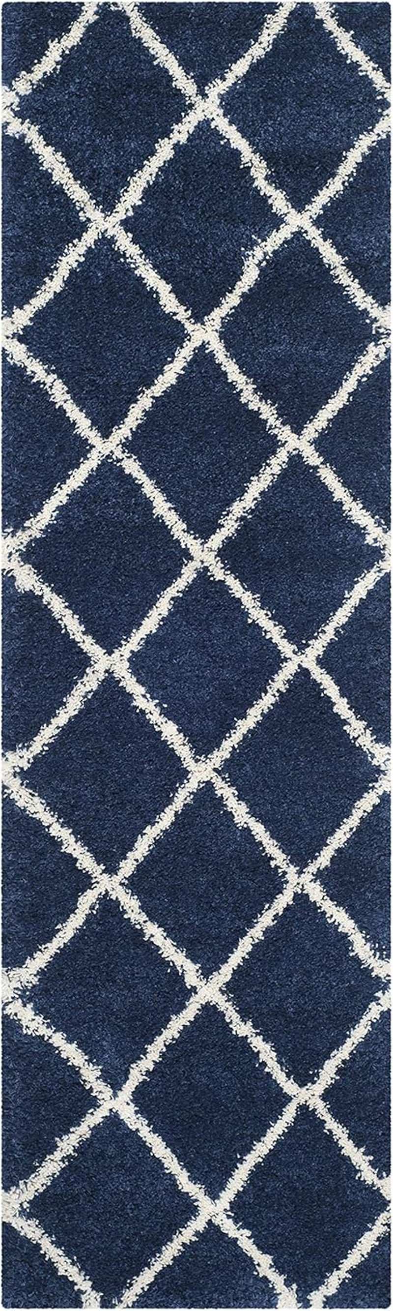 Hudson Shag Collection Runner Rug - 2'3" X 8', Navy & Ivory, Modern Trellis Design, Non-Shedding & Easy Care, 2-Inch Thick Ideal for High Traffic Areas in Living Room, Bedroom (SGH281C) - Puck's