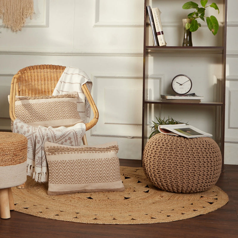 · round Pouf Ottoman - Hand Knitted Cable Boho Poof Home Décor Pouffe Circular Footrest for Living Room - Bedroom - Lounge - 100% Cotton (19.5"X19.5"X14") - Beige - Puck's