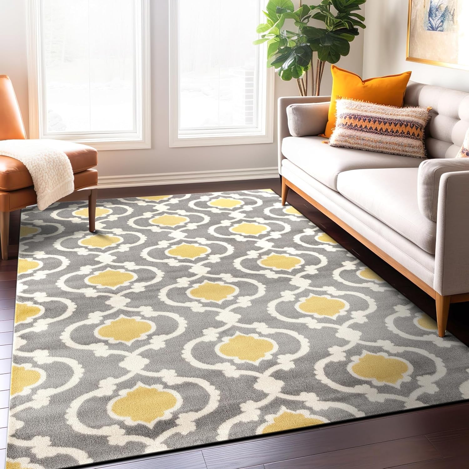 Moroccan Trellis Contemporary Perfect for High Traffic Areas of Your Living Room,Bedroom,Home Office,Kitchen Area Rug 10' X 14' Gray/Yellow - Puck's