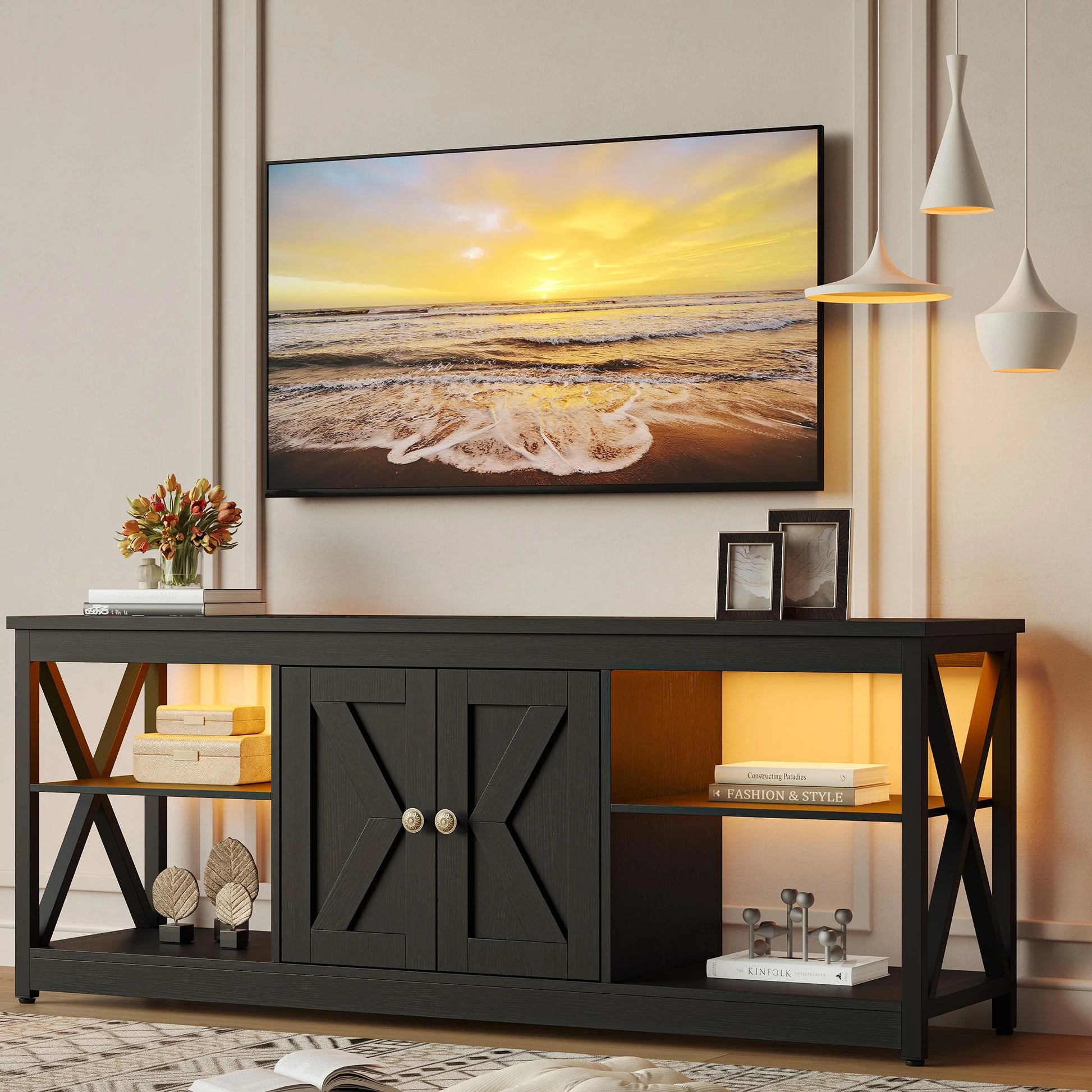 Black TV Stand for 65 Inch TV, Modern TV Cabinet with LED Light - Puck's