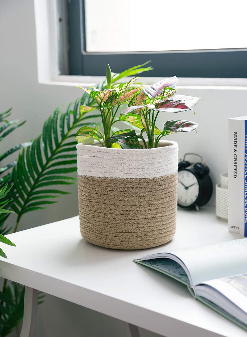 8"X7.5" Basket Planters for Indoor Plants, up to 7.5 Inch Flower Pot, Sturdy Woven Rope Organizer with Handle, Small, White Brown Stripes - Puck's