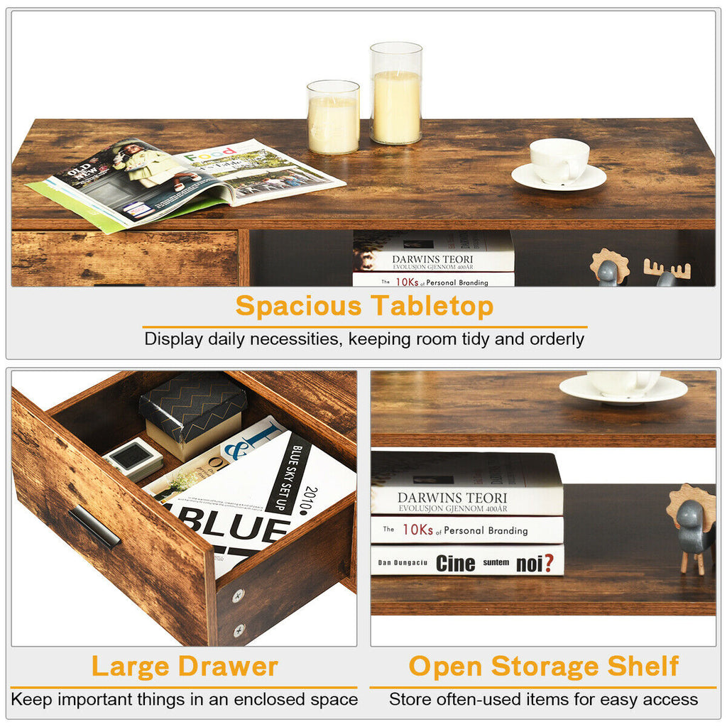 Retro Coffee Table Mid Century Modern Living Room Furniture W/Open Storage Shelf - Puck's