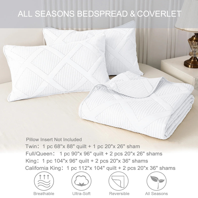 Ultrasonic King Quilt Set, 3-Piece Lightweight Bedspreads Modern Striped Coverlet, White - Puck's
