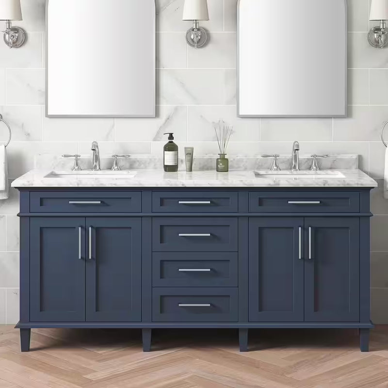Sonoma 72 In. Dubbele Wastafel Midnight Blue Badmeubel met Carrara Marmeren Bovenblad (Gemonteerd) - Puck's