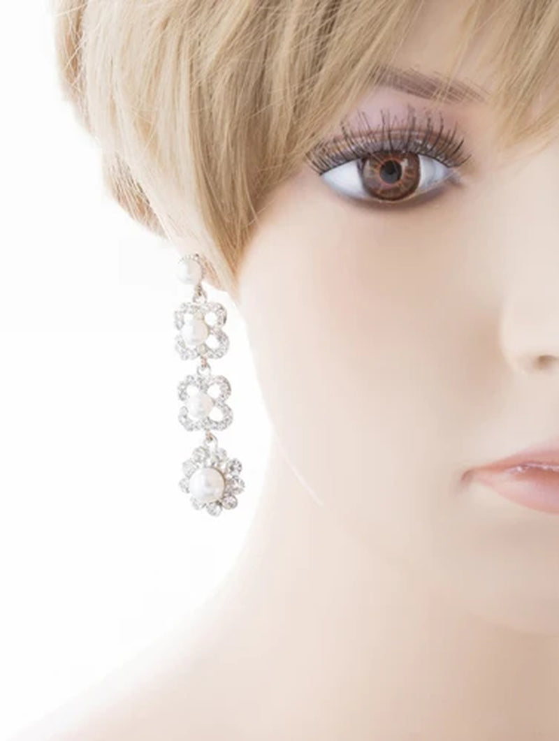 Bridal Wedding Jewelry Rhinestones Pearl Floral Earring - Puck's