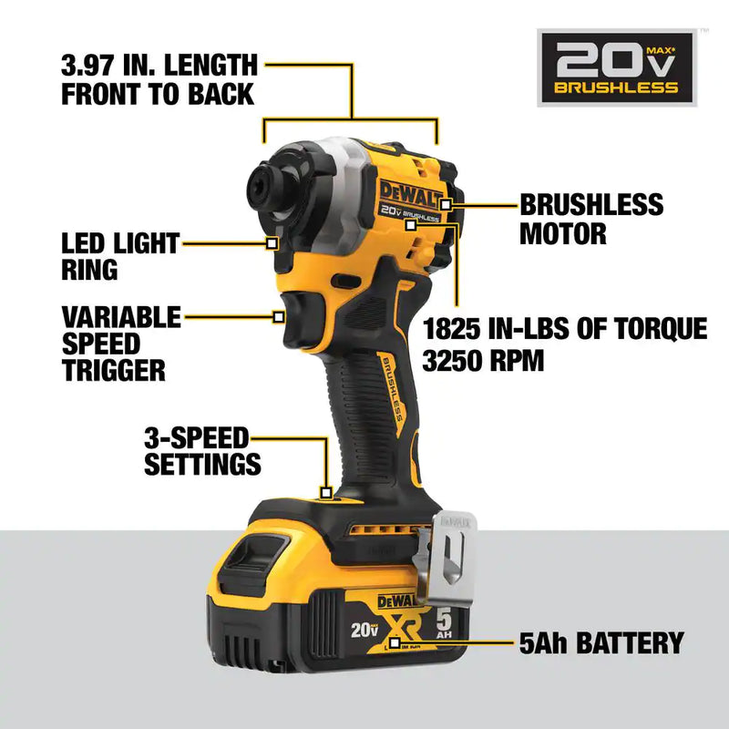 ATOMIC 20V MAX Lithium-Ion Cordless 1/4 In. Brushless Impact Driver Kit, 5 Ah Battery, Charger, and Bag - Puck's