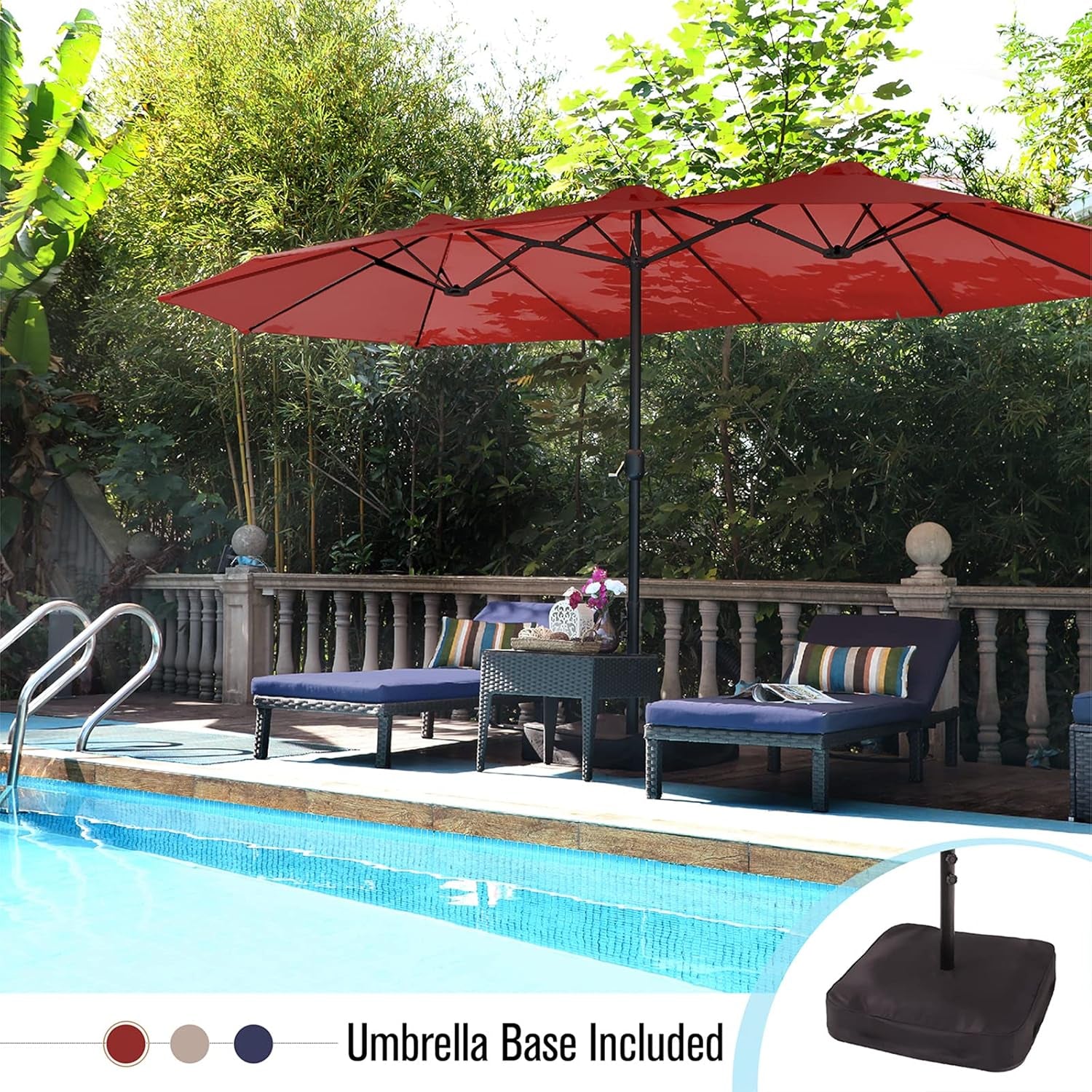 15Ft Large Patio Umbrella with Base, Double-Sided Outdoor Umbrella, Wine - Puck's