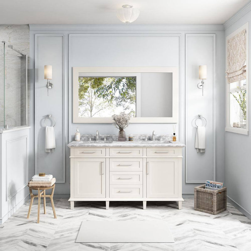 Sonoma 60 In. Dubbele wastafel off white badmeubel met Carrara marmeren blad (gemonteerd) - Puck's