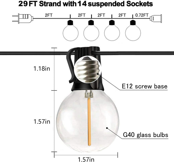 29FT Globe Outdoor String Lights, Shatterproof Patio Lights with 15 Dimmable Plastic Bulbs, Waterproof Hanging Lights String for Porch Backyard Cafe, E12 Socket Base - Puck's