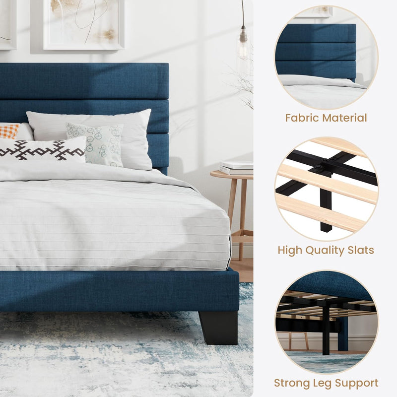 Full Platform Bed Frame with Upholstered Fabric Headboard, Mattress Foundation with Strong Wooden Slats Support, No Box Spring Needed, Blue - Puck's
