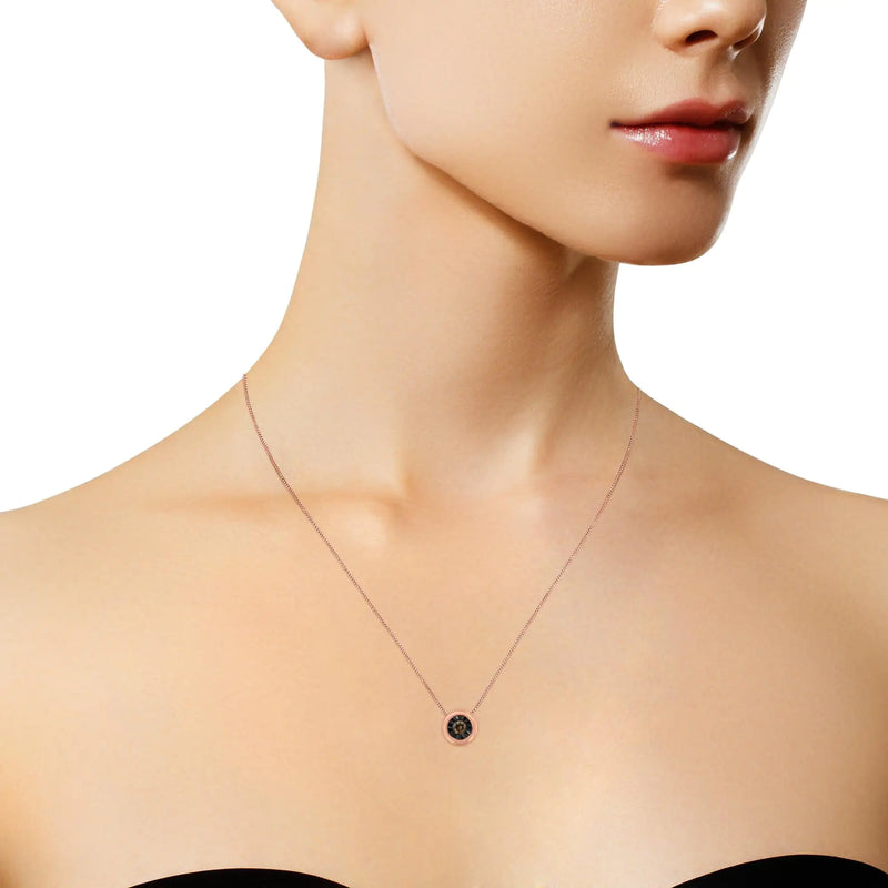Black Rhodium over 10K Rose Gold 1/10 Carat Diamond Two Tone Round Miracle-Plate Solitaire 18” Pendant Necklace (Champagne Color, I2-I3 Clarity) - Puck's
