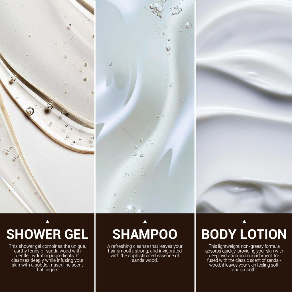 Bath Gifts for Men, 3PC Mens Spa Set Includes Sandalwood Shower Gel Body Lotion Shampoo, Spa Baskets Fathers Day Gifts - Puck's