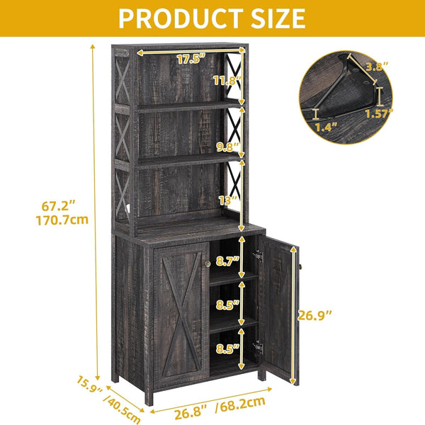 67" Tall Wine Bar Cabinet for Liquor and Glasses, Farmhouse Kitchen - Puck's
