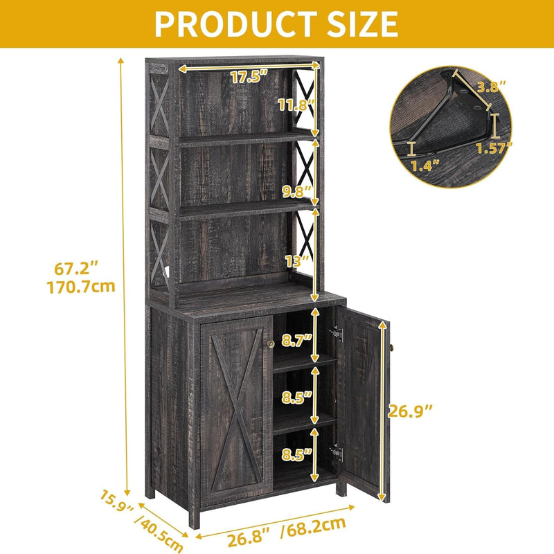 67" Tall Wine Bar Cabinet for Liquor and Glasses, Farmhouse Kitchen - Puck's