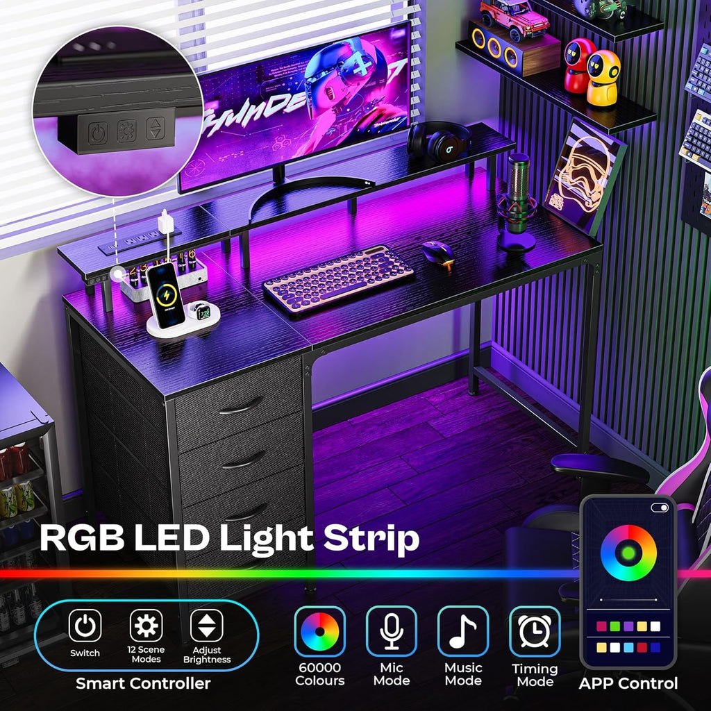 47 Inch Computer Desk with Power Outlets and LED Lights, Gaming Desk - Puck's
