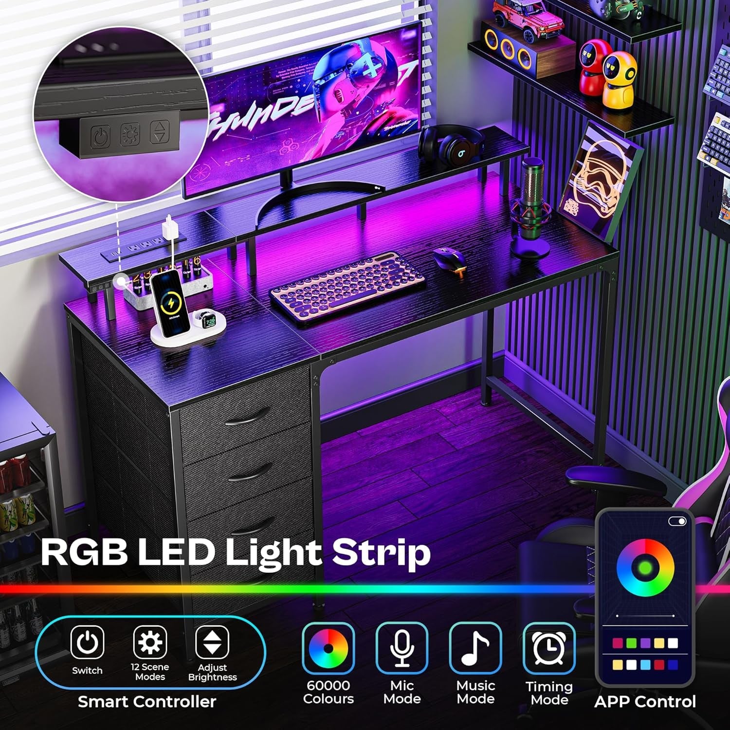 47 Inch Computer Desk with Power Outlets and LED Lights, Gaming Desk - Puck's