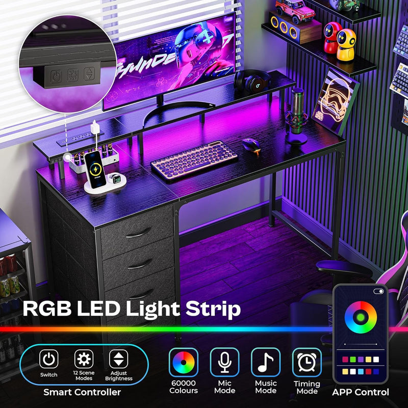 47 Inch Computer Desk with Power Outlets and LED Lights, Gaming Desk - Puck's