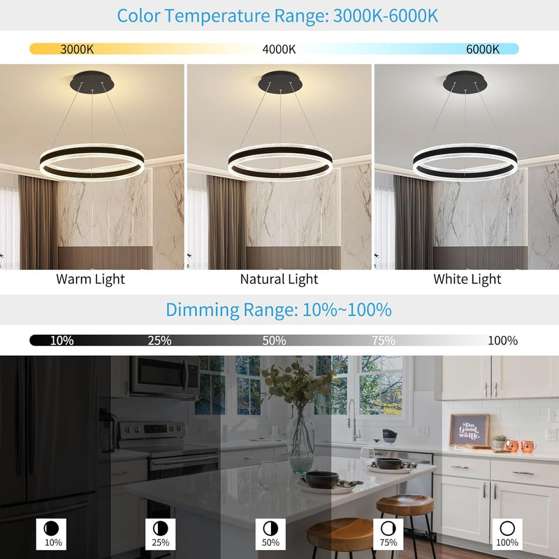Modern LED Chandelier 1 Ring 19.7In Pendant Lighting for Kitchen Island 50W Dimmable LED Pendant Light Black Hanging Light Fixtures with Remote for Kitchen Dining Room Bedroom Living Room - Puck's
