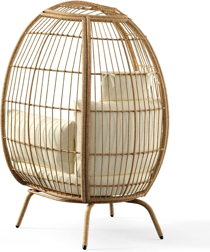 Wicker Egg Chair Outdoor Indoor Oversized Lounger with Stand and Cushions Egg Basket Chair for Patio Backyard Porch - Beige - Puck's