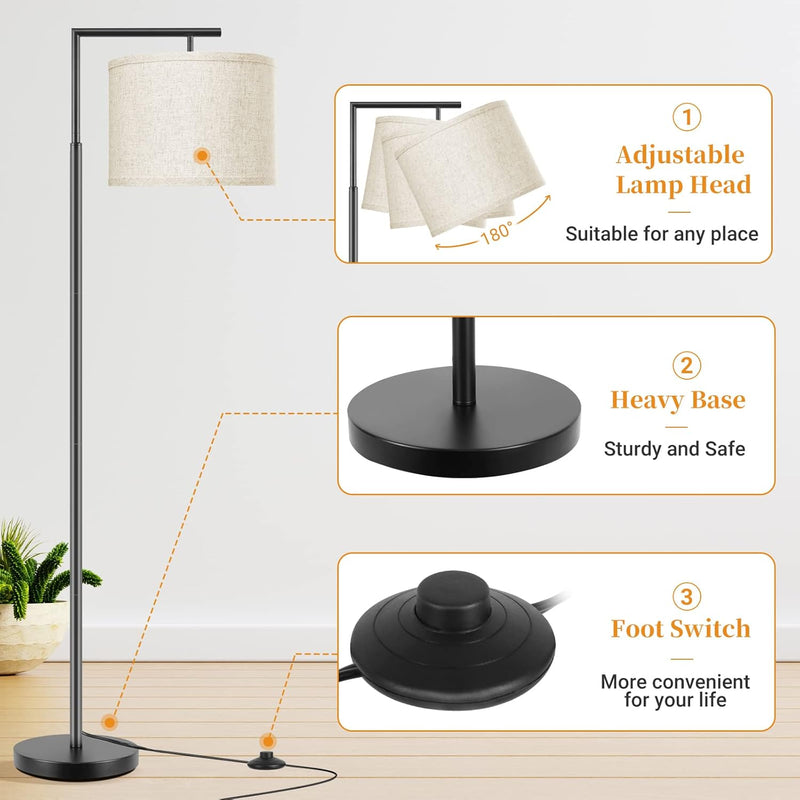 Floor Lamp for Living Room with 3-Color Temperature 9W LED Bulb, Modern Standing Lamp with Linen Beige Shade & Foot Switch, Tall Pole Lamp for Bedroom, Study Room, Office, Kids Room (Black) - Puck's