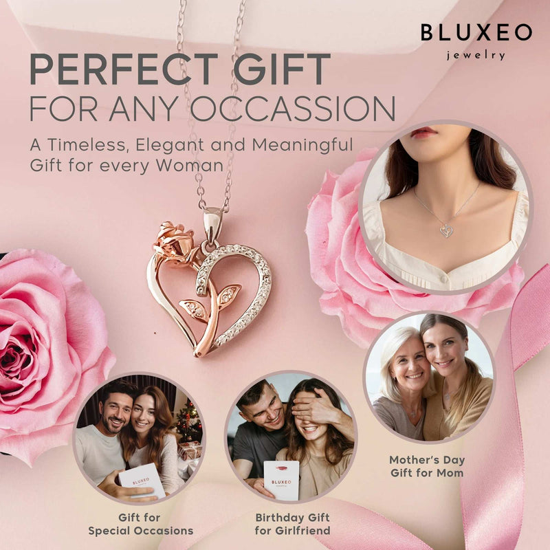 Sterling Silver Necklace for Woman Gift for Wife from Husband Valentines Day Gift for Women Rose Heart Necklace for Girlfriend Birthday Gifts Mother Daughter Pendant Rhodium 18K Rose Gold - Puck's