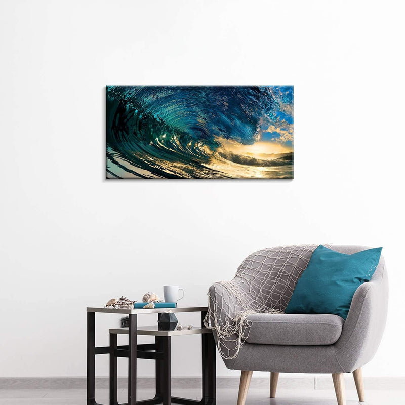 Ocean Wave Canvas Wall Art: Stunning Sunset Seascape Artwork Painting Print on Canvas for Living Room (40 Inch X 20 Inch X 1 Panel) - Puck's