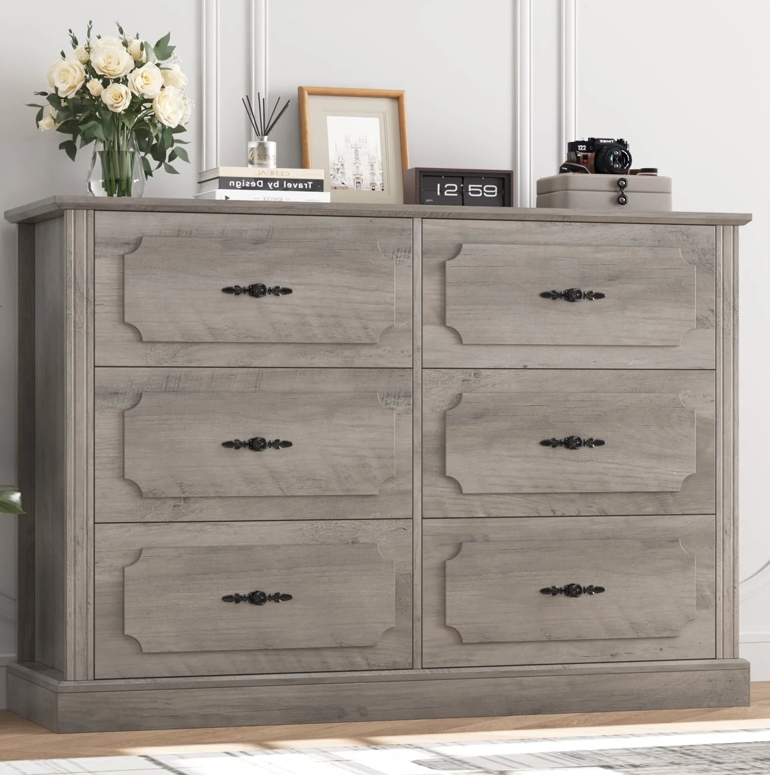 6 Drawer Bedroom Dresser, Farmhouse Wood Storage Drawer Chest Cabinet for Living Room Entryway, Gray - Puck's
