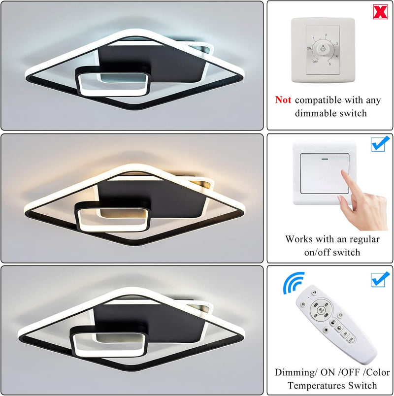 Modern LED Ceiling Light, Black Flush Mount Remote Control Close to Ceiling Lighting Fixture 70W Dimmable Color Changeable Ceiling Lighting for Living Room, Bedroom, Dining Room - Puck's