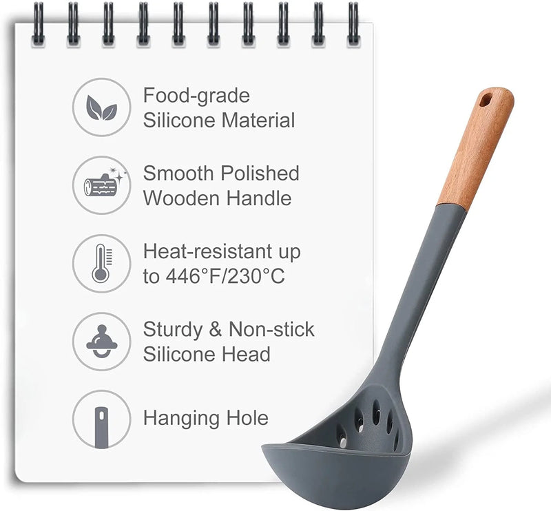 35Pcs  Chef Kitchen Cooking Utensils Set, Non-Stick Silicone Cooking Kitchen Utensils Spatula Set with Holder, Wooden Handle Silicone Kitchen Gadgets Utensil Set -Grey - Puck's