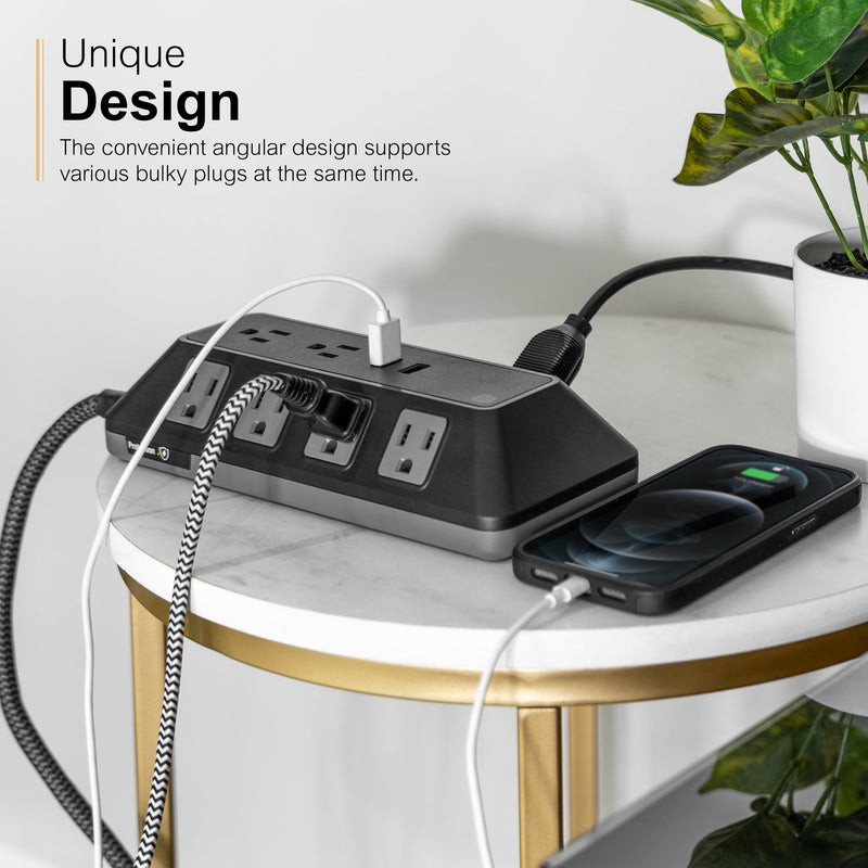 Adapt 10-Outlet Sur Protector Power Strip, USB Hub, 4Ft Braided Cord, Black