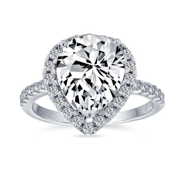 Womens 7CT Pear Shaped Halo Solitaire Engagement Ring, Sterling Silver CZ Pave Band - Puck's