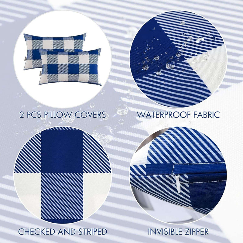 Plaids Pillow Covers Checkered Throw Pillow Covers Outdoor Waterproof Decorative Pillowcases Set of 2 for Sofa Couch Living Room Patio Garden 12X20 Inch, Navy Blue - Puck's
