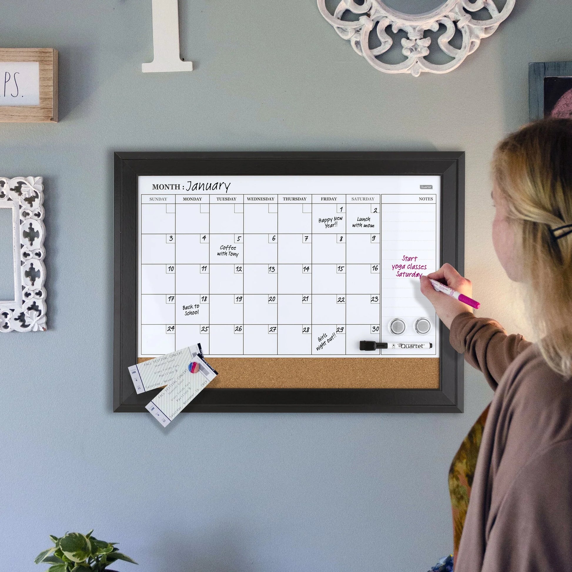 79275 23 X 17 Home Decor Magnetic Combo Dry Erase Board with Cork Board on Bottom - Tan/White Surface/Espresso Wood Frame