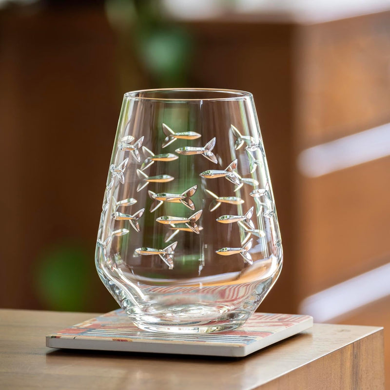 | School of Fish Stemless Tumbler | Stemless Wine Glasses 18Oz | Lead-Free Glass | Engraved and Polished in Pennsylvania | US Made (Set of 4) - Puck's