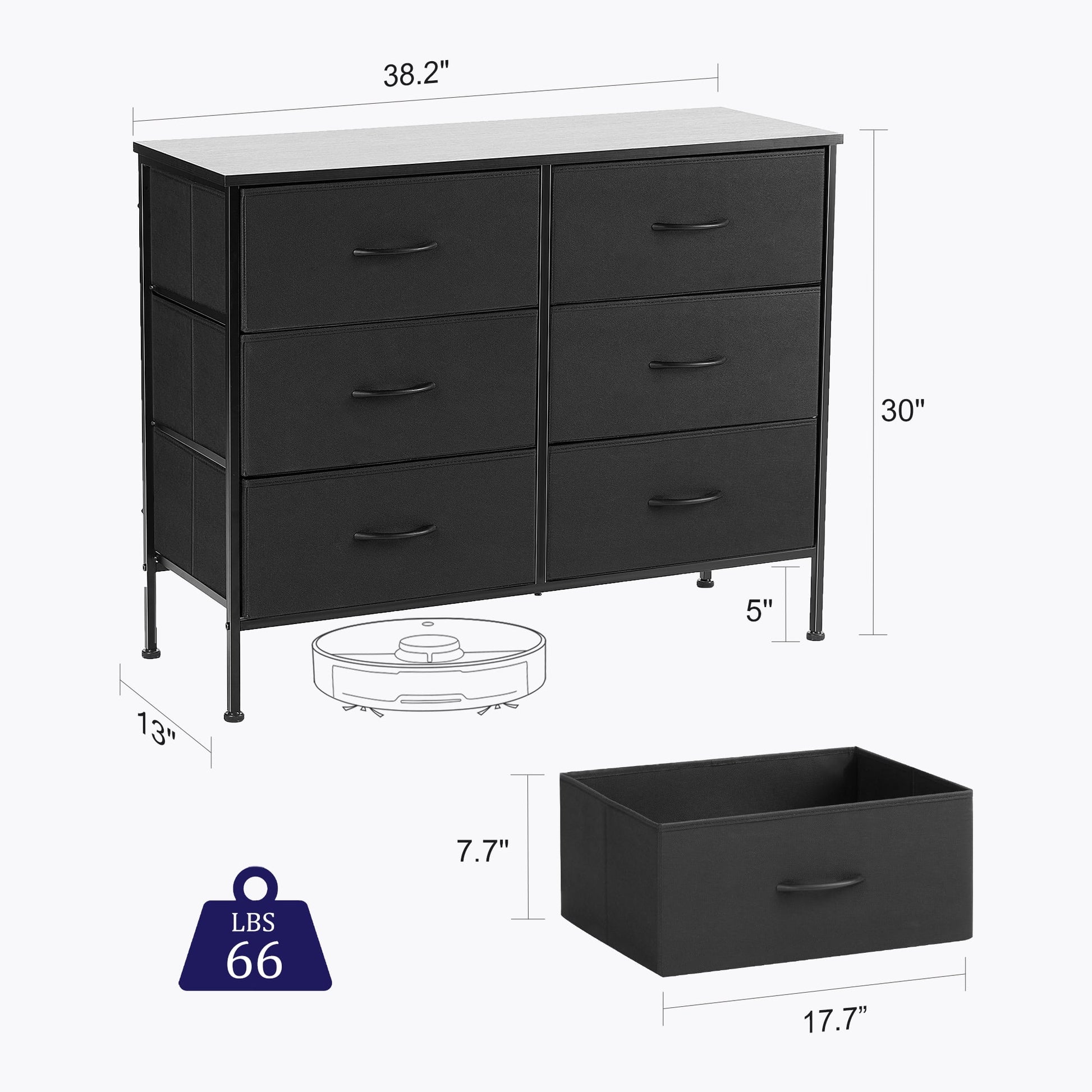 6 Drawer Dresser, Wide Chest of Drawers Nightstand Storage Tower Storage Dresser Fabric Dresser with Wood Top for Living Room, Bedroom, Hallway, Black - Puck's